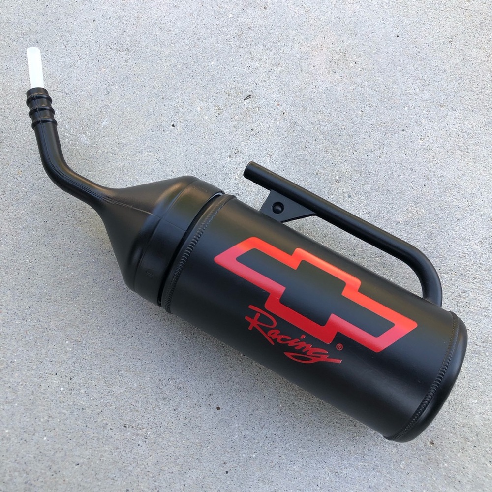 Vtg Chevrolet Racing Plastic Black Oil Can Water Bottle w/ Handle Chevy USA